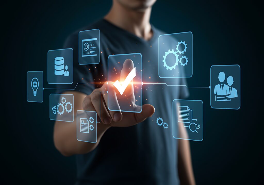 Picture showing a person clicking on a hologram check button