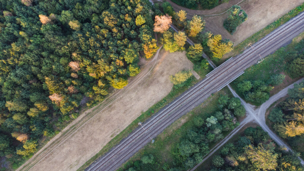train tracks through Germany aerial drone view fotage